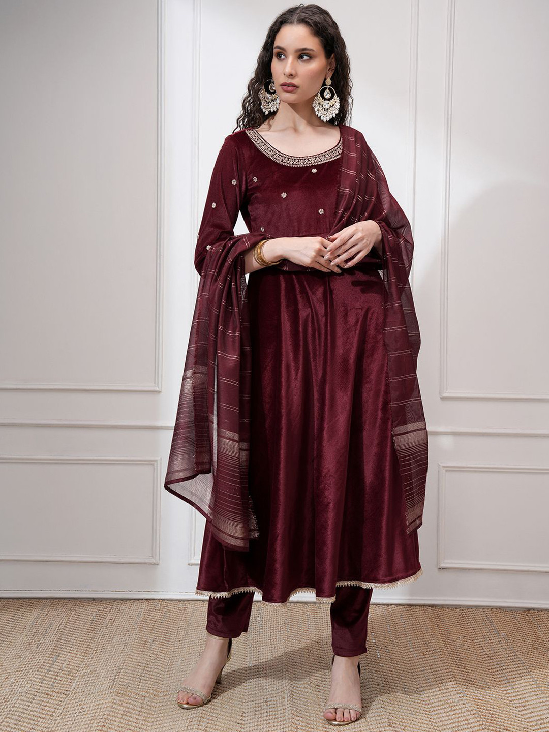 Vishudh Women Embroidered Velvet Umbrella Kurta with Slim Pants and Dupatta