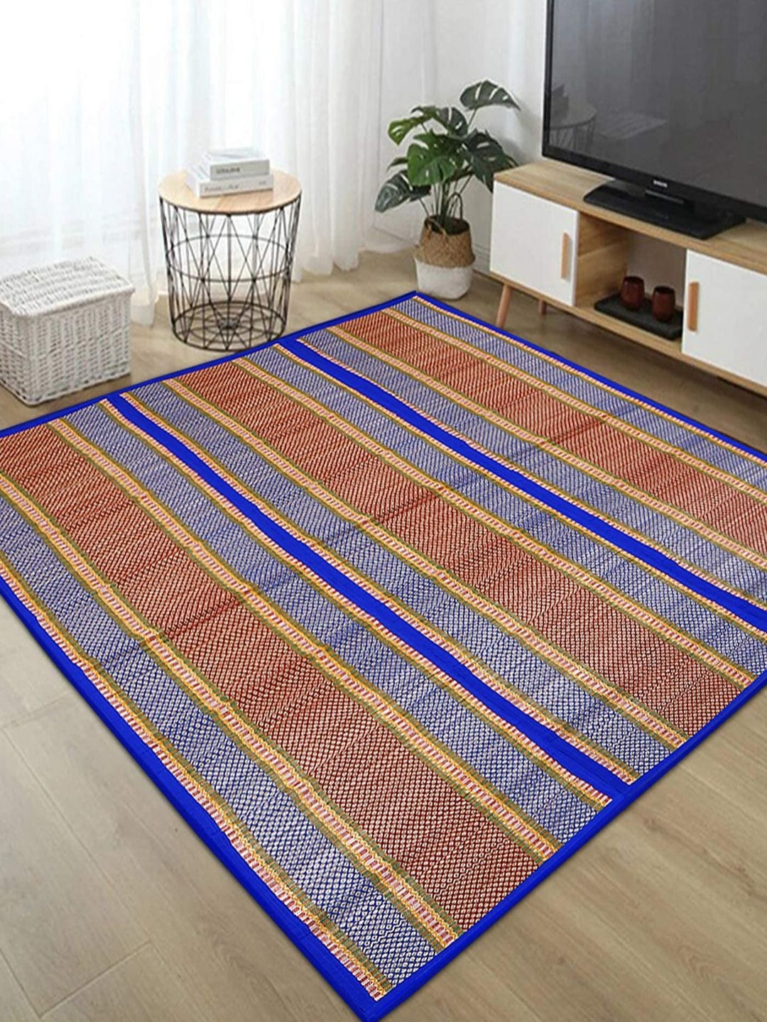 HOKIPO Red & Blue Madurkathi Patterned Floor Mats