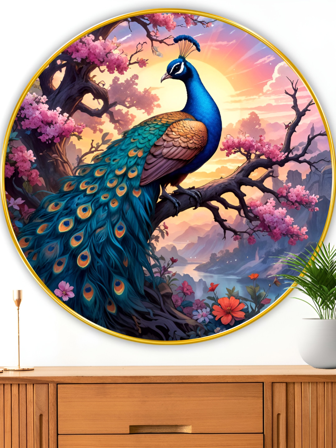 Myntra Elegant Homes Blue & Pink Peacock Golden Frame Birds and Animals Wood Wall Art