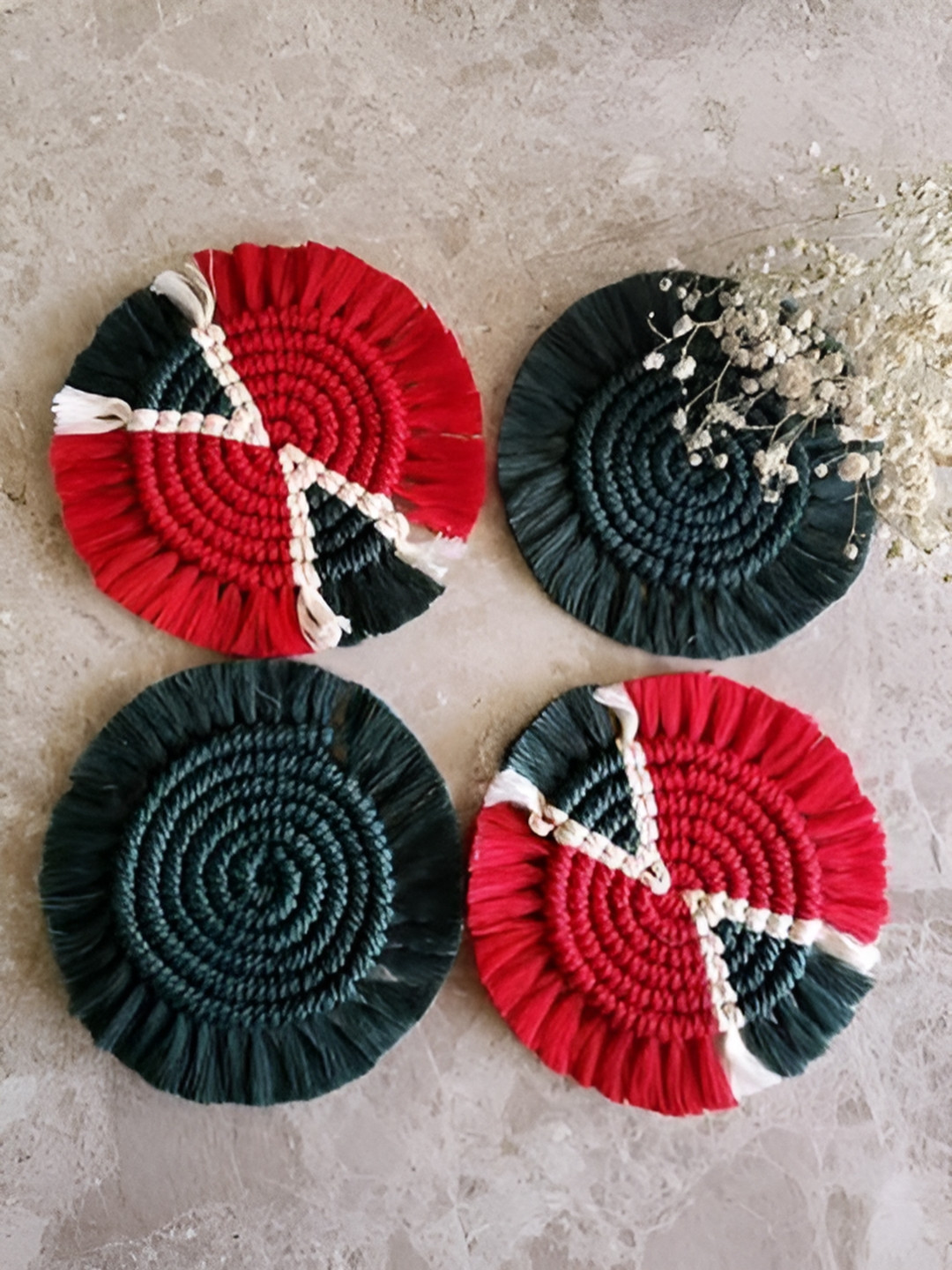 My Creative Hut Green & Red 4 Pieces Braided Bohomian Style Cotton Round Coasters