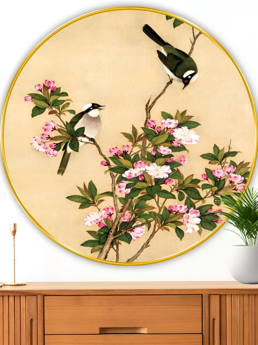 Myntra Elegant Homes Gold-Toned & Beige Birds Floral and Botanical Wooden Wall Art
