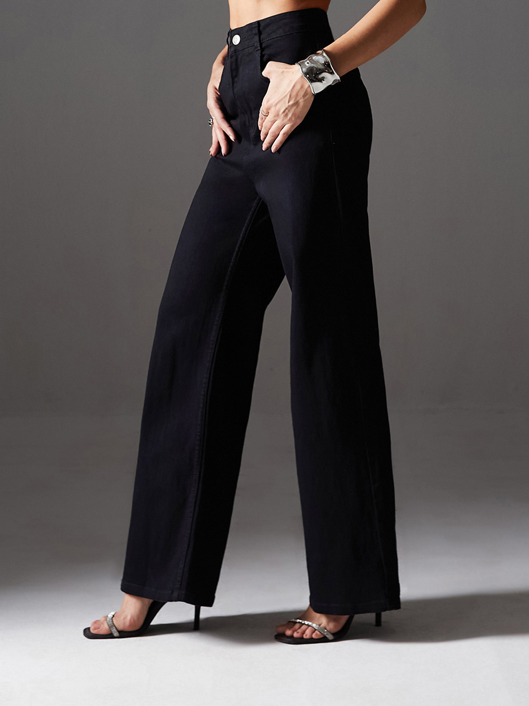 Miss Chase Women Black Wide Leg High Rise Clean Look Stretchable Denim Jeans