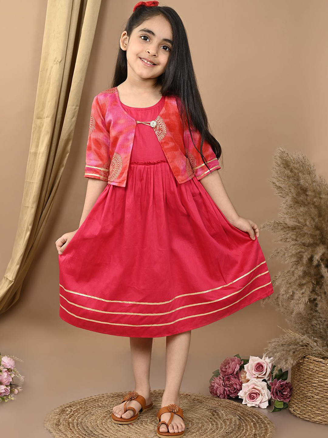 Sangria Girls Fit and Flare Ethnic Dress With Jacket