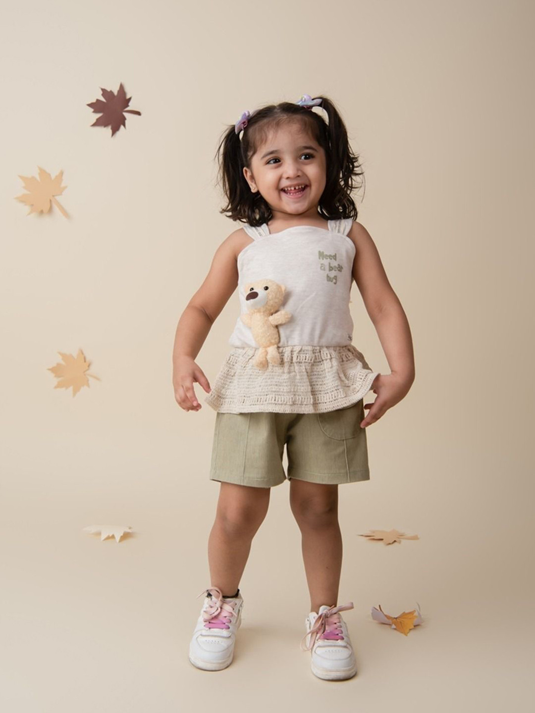 Babys Day Girls Teddy Bear Applique Work Pure Cotton Top With Shorts