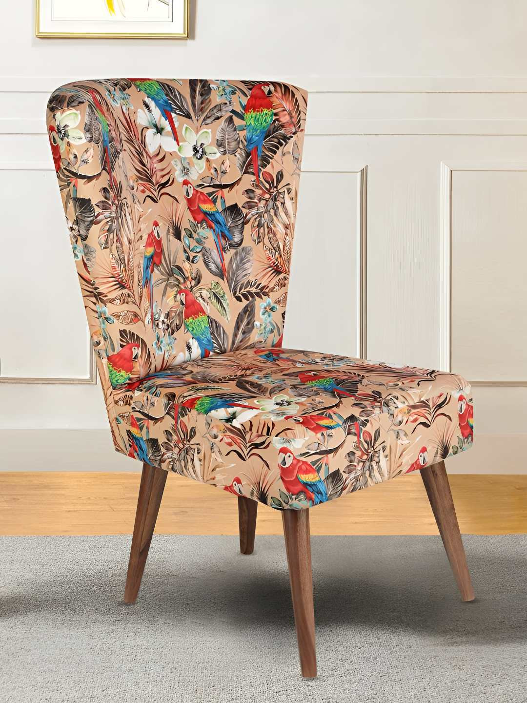 GLOBALLY INDIAN Peach & Brown Printed Wooden Accent-Style Lounge Chair