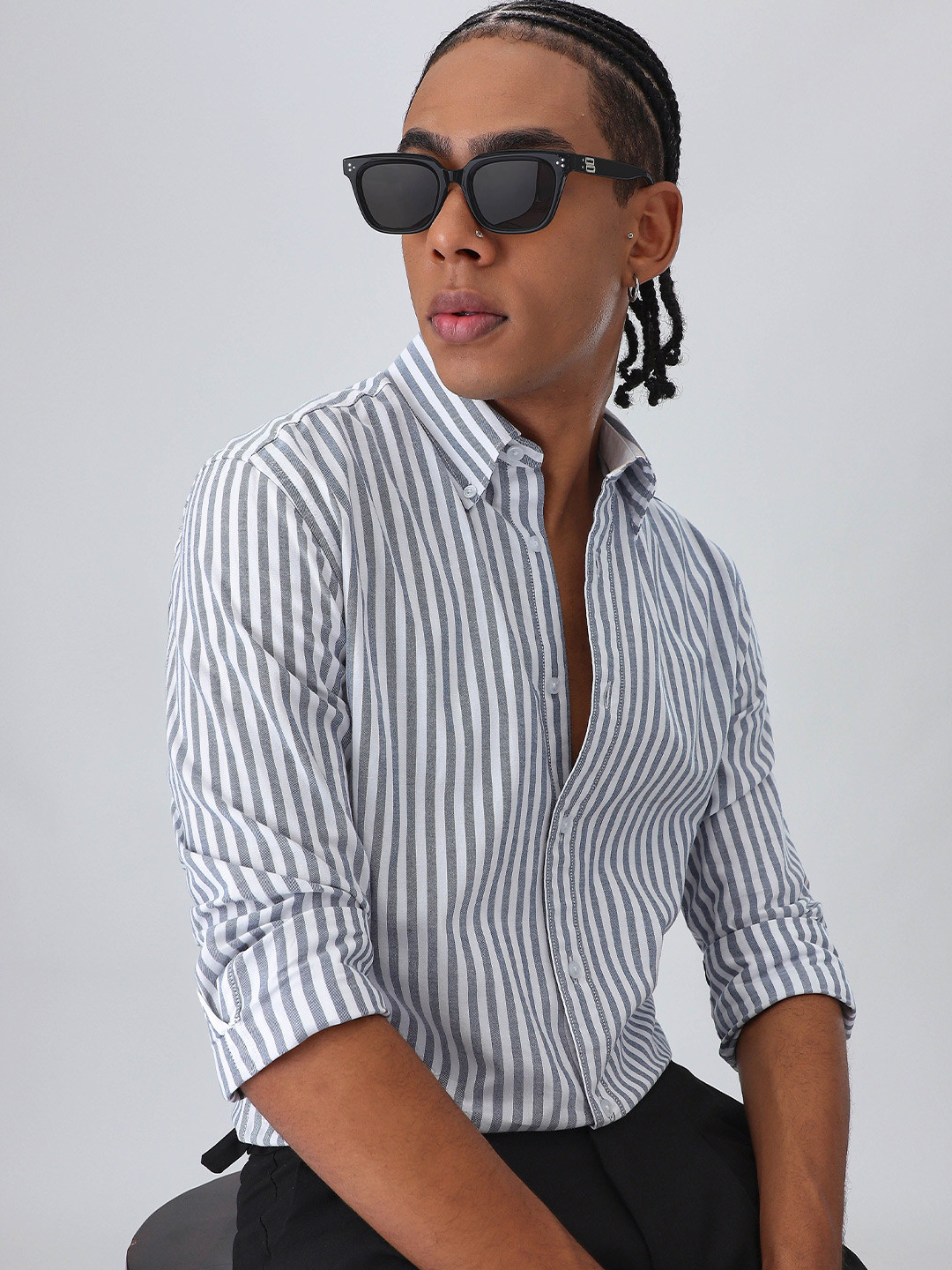 Banana Club Men Black Cotton Oxford Stripe Shirt