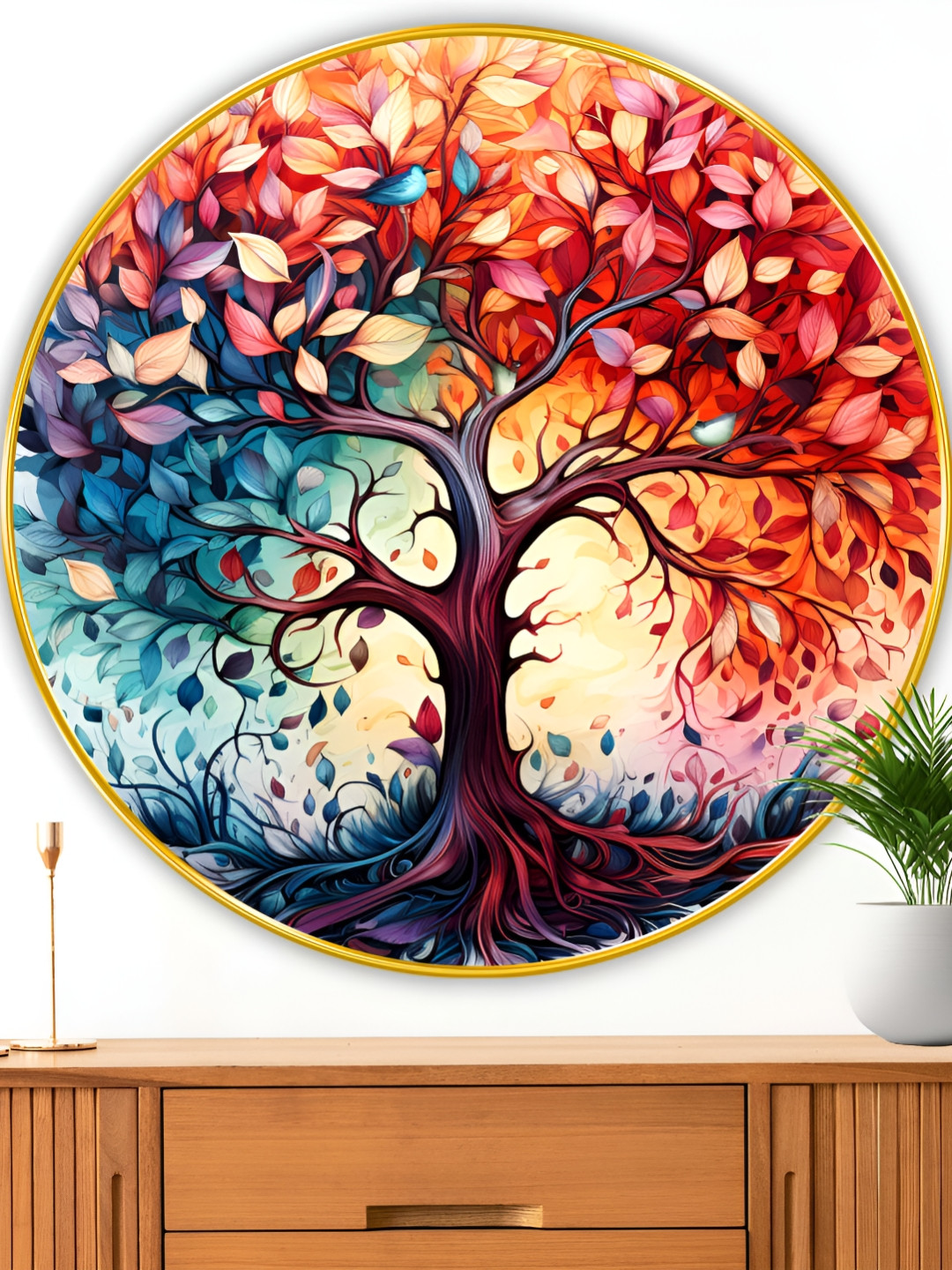 Myntra Elegant Homes Blue & Orange Floral and Botanical Printed Wood Wall Art