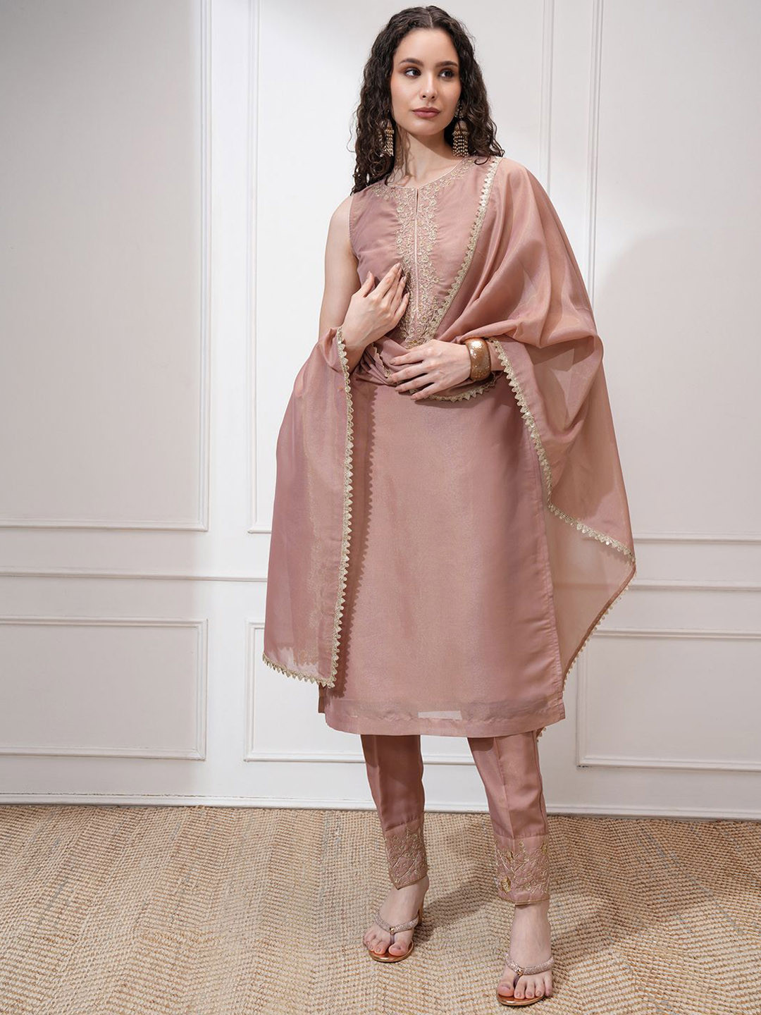 Vishudh Women Embroidered Straight Sleeveless Kurta Set with Slim Pants and Tissue Dupatta