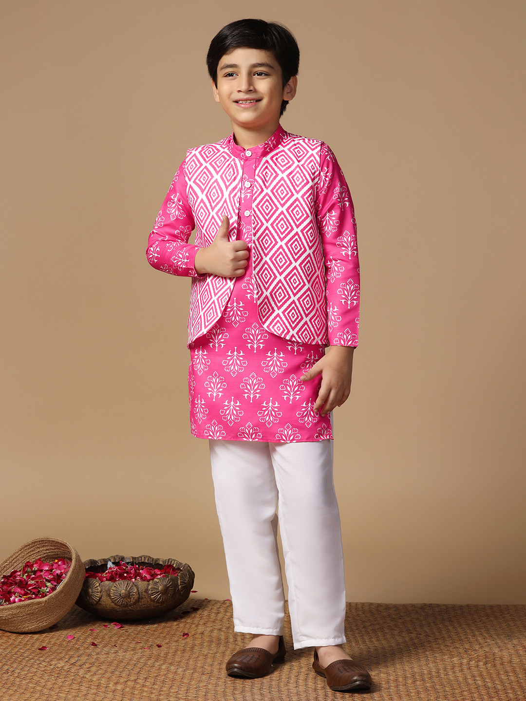 Sangria Boys Pink Floral Printed Cotton Blend Straight Kurta With Trousers And jacket