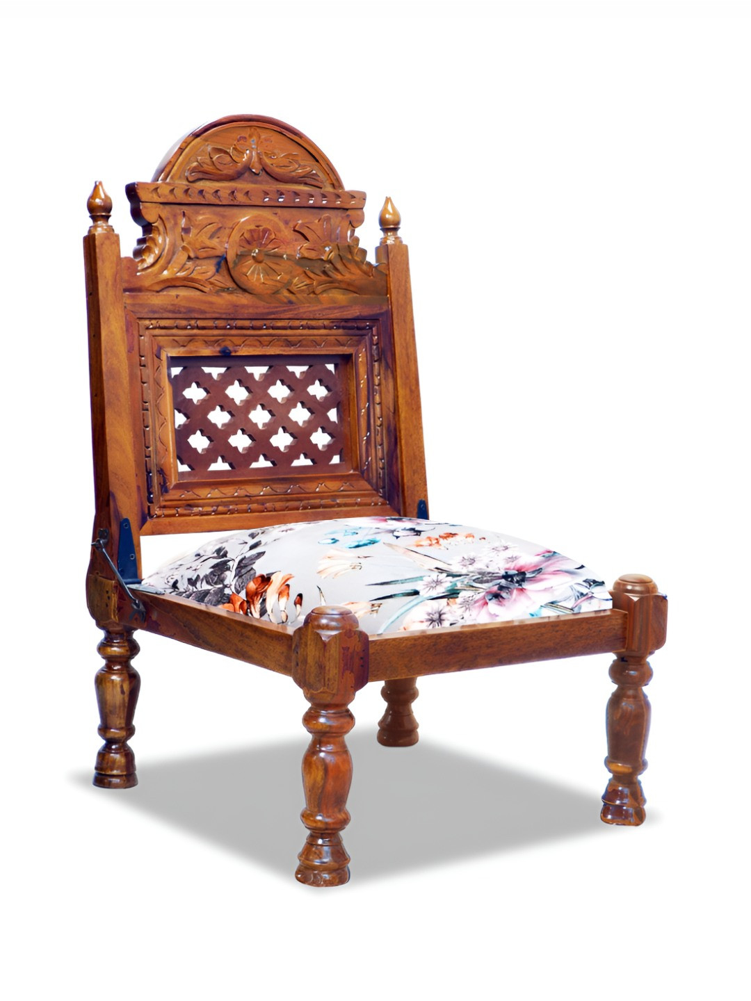GLOBALLY INDIAN White & Brown Wooden Carved Accent-Style Lounge Chair