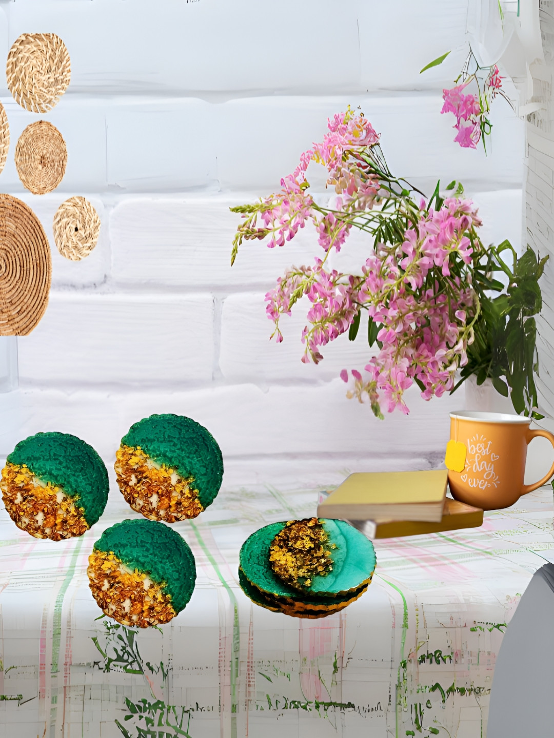 ShopMeFast 6Pcs Sea Green Printed Resin Round Coasters