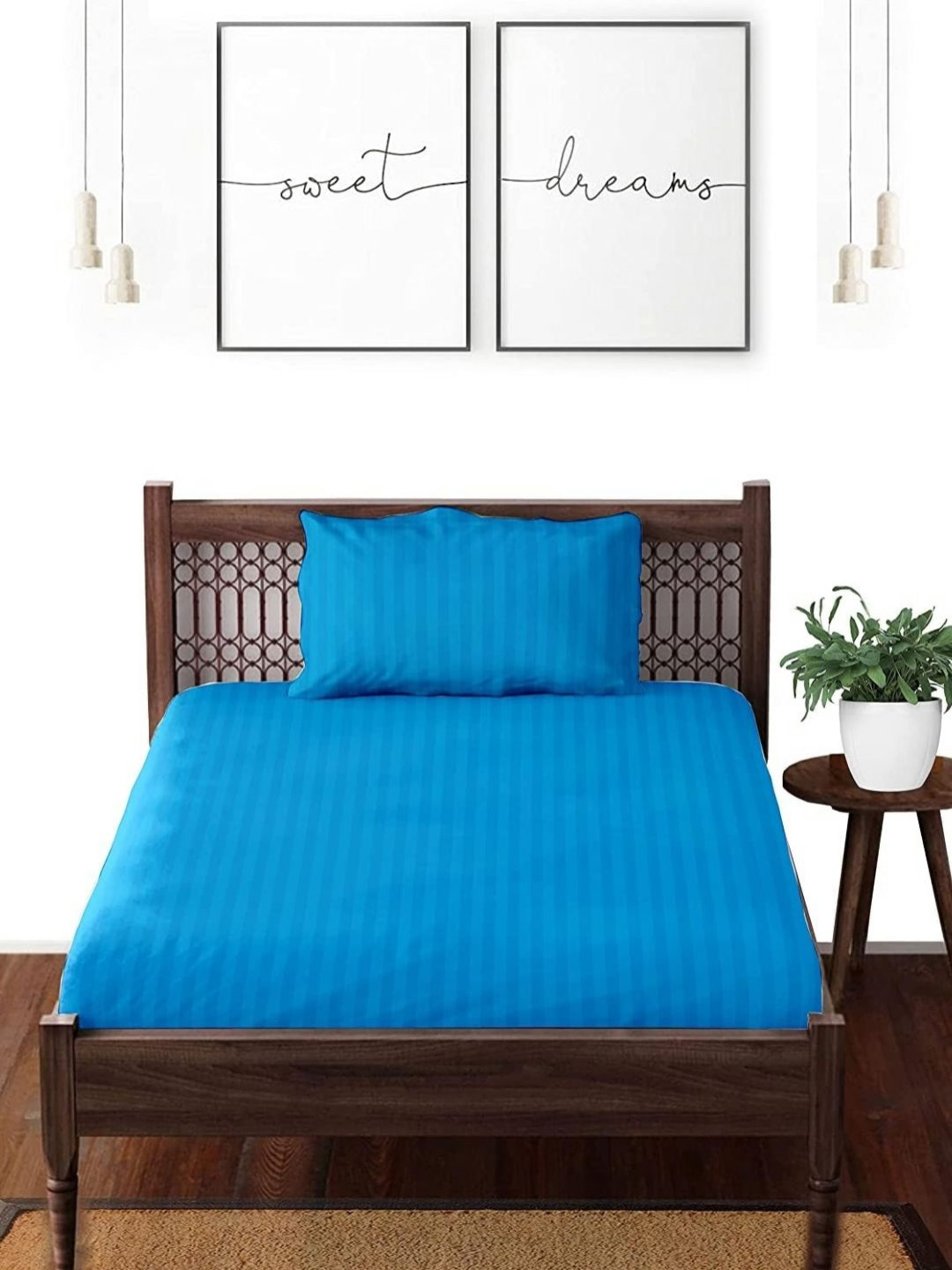 Enchant Home Teddy Fur Warm Winter Sea Green Striped Pure Cotton Breathable 250 TC Single Fine Bedsheet with a Pillow Cover-90 x 60 inches