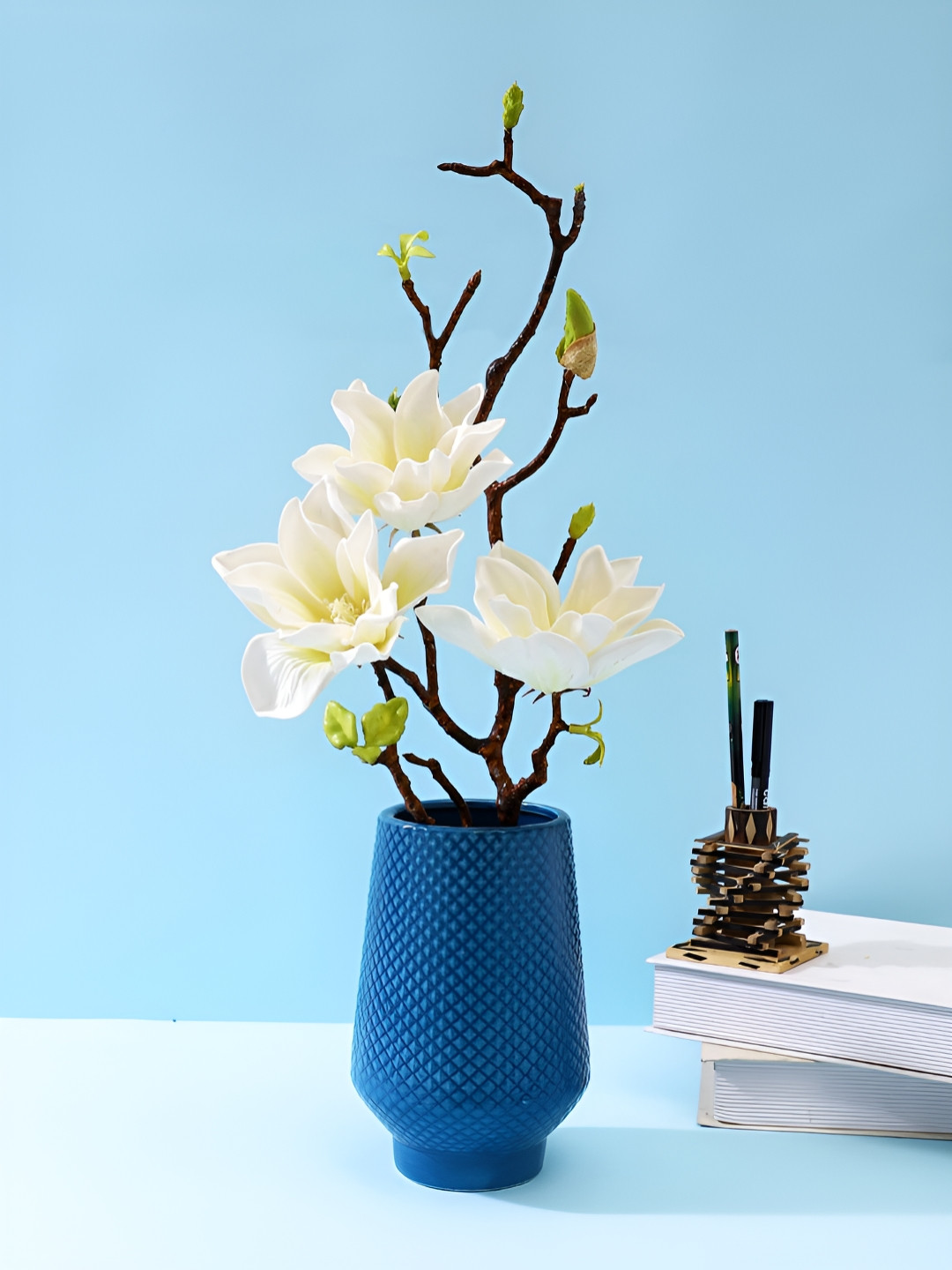 Myntra Elegant Homes Blue Modern Textured Ceramic Floral Vase