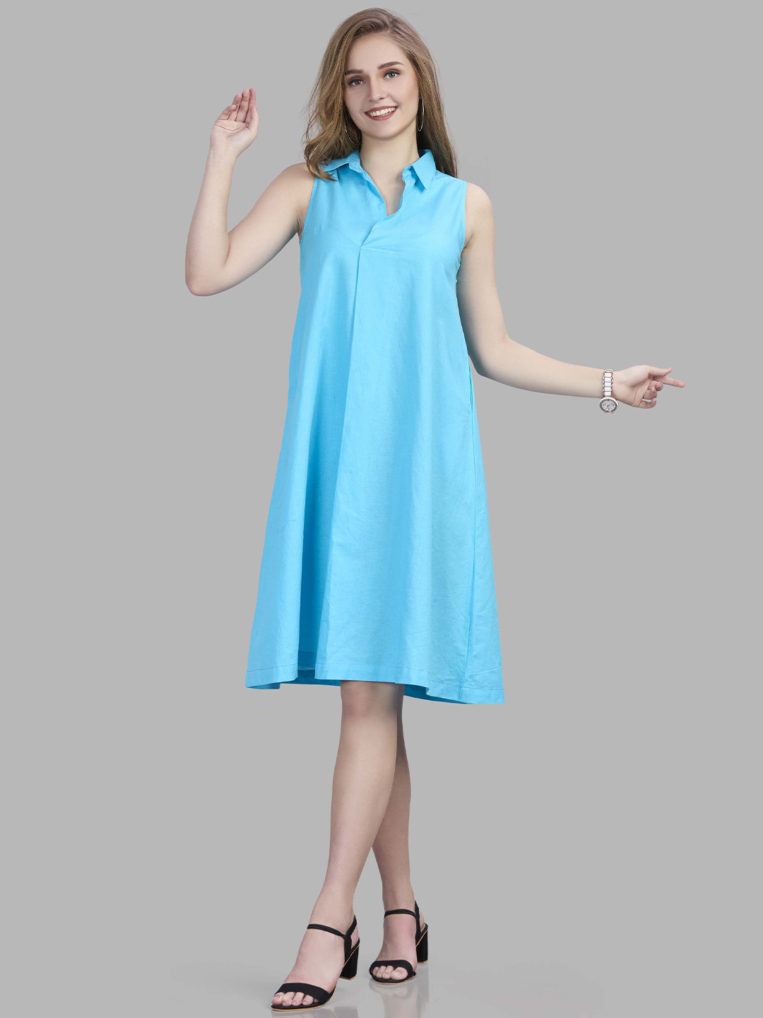 Autumn Hues Solid Shirt Collar Knee Length A-Line Wrap Dress