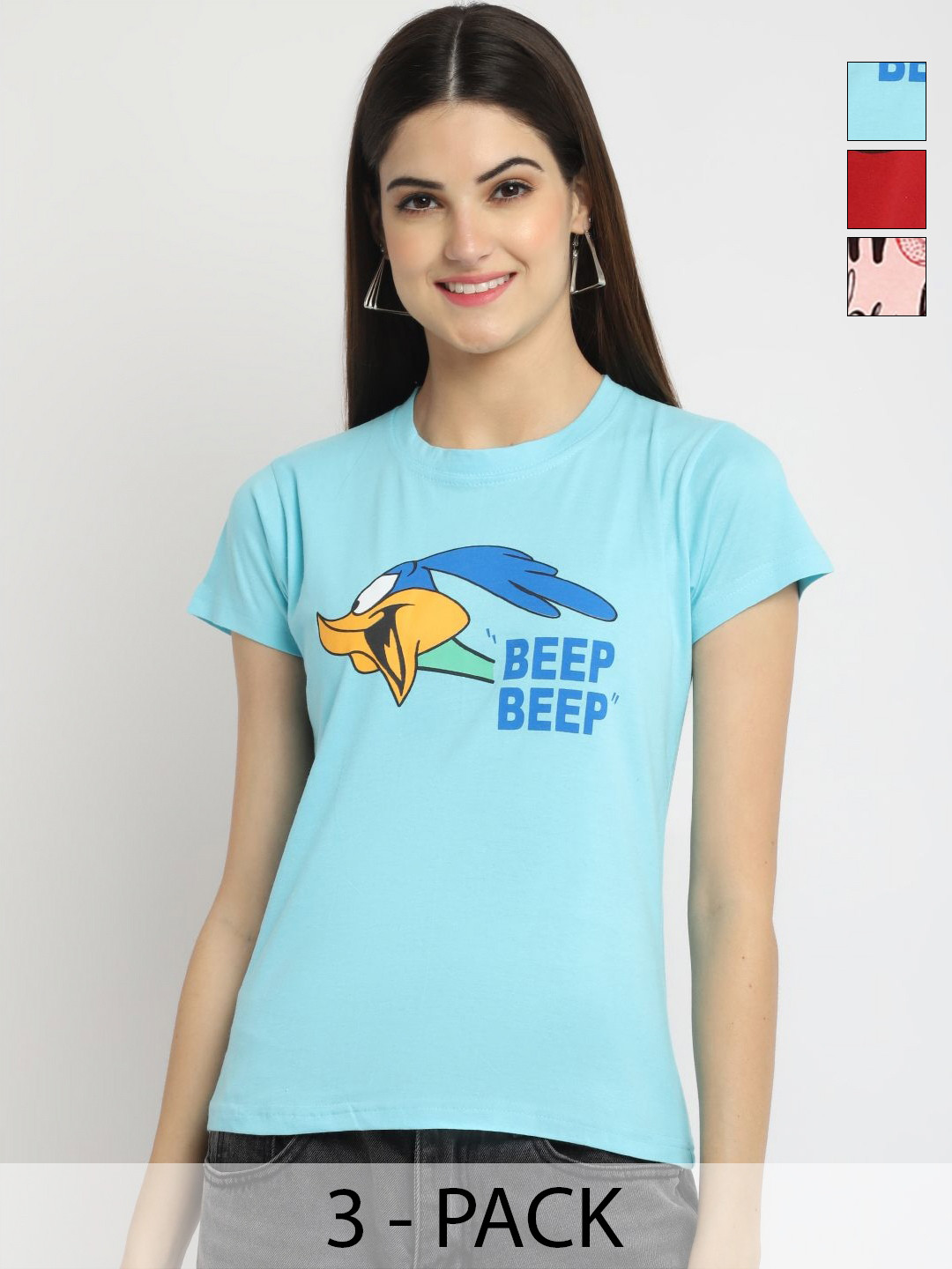 Dreambe Women Pack Of 3 Looney Tunes Graphic Printed Round Neck Cotton T-shirts
