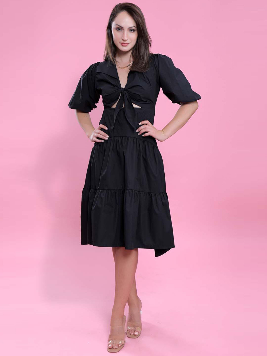 French Theory Women's Solid Cotton Fit and Flare Dress