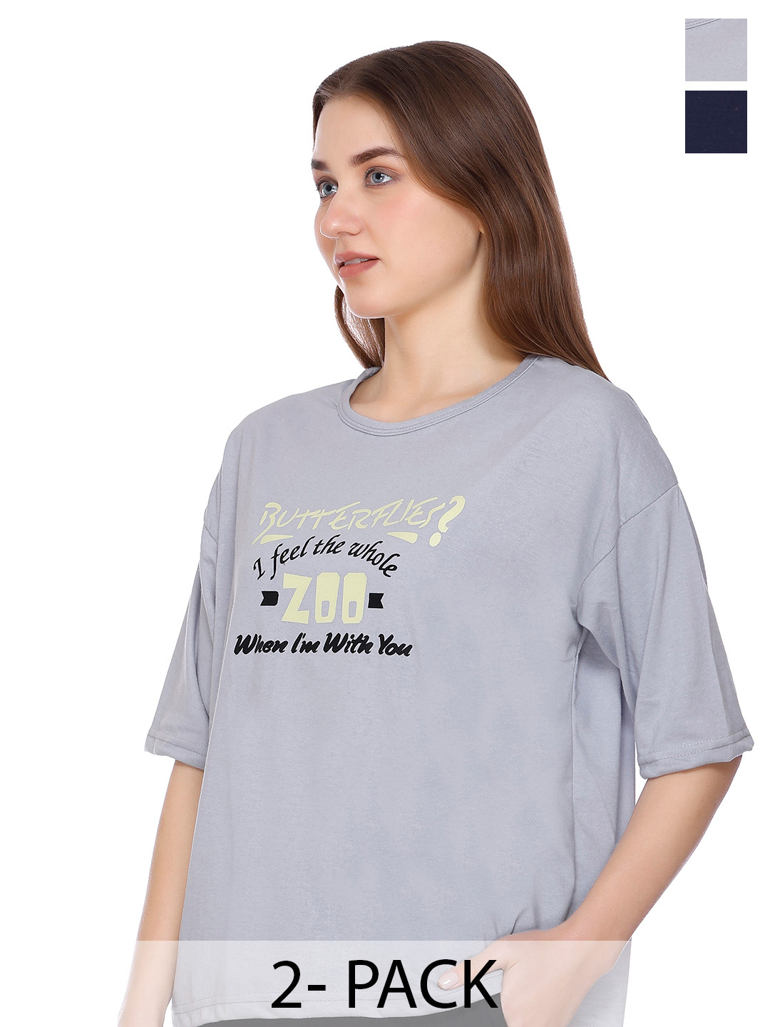 URBE-URBAN EVOLUTION Women Pack Of 2 Typography Printed Cotton Relaxed Fit T-shirts