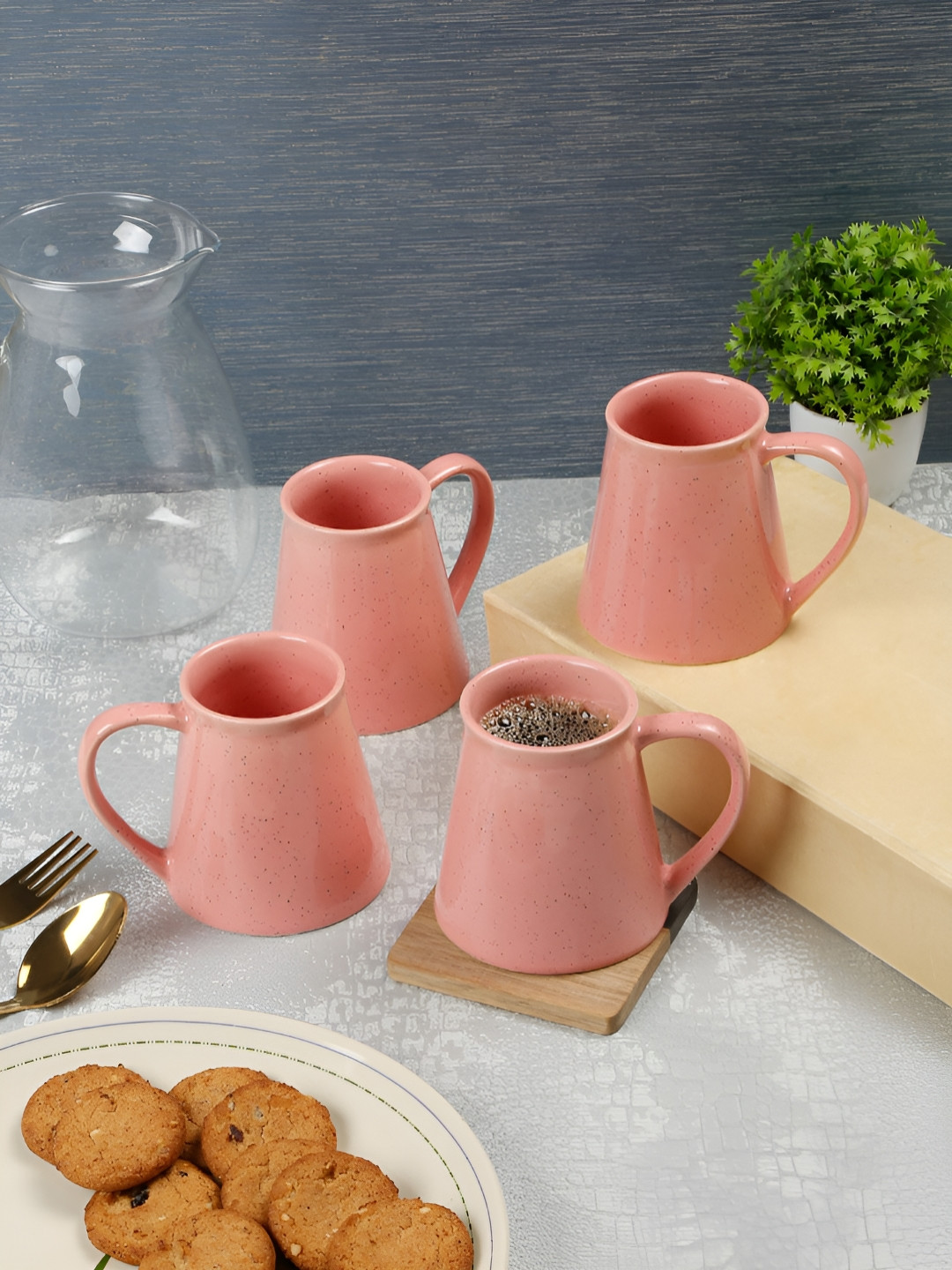 Arrabi Atomic Star Design Pink Textured Ceramic Handmade 4 Piece Mugs-240ml