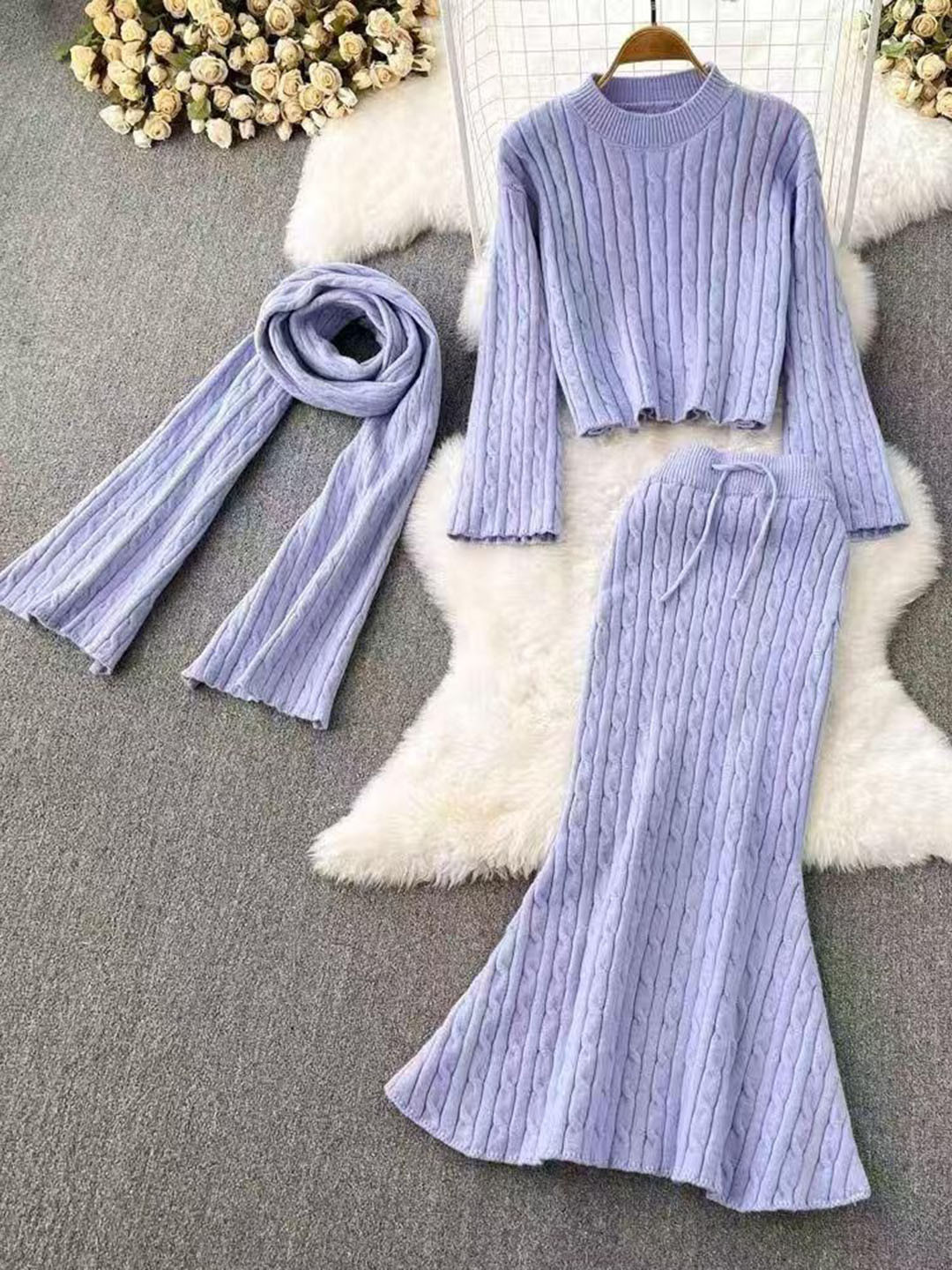 Miss Mosa By Akanksha  Lavender Sal Luxe Winter Pure Wool Co-Ord Set With Scarf