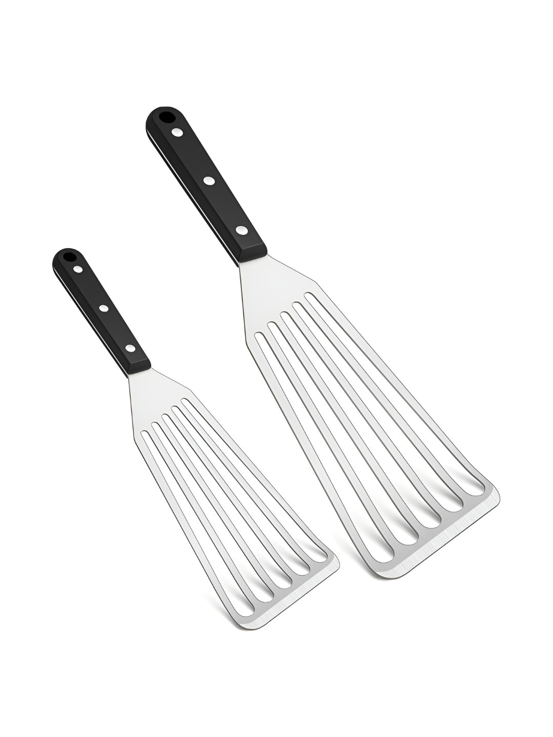 Baskety Black & Silver-Toned 2 Pieces Stainless Steel Fish Fry Big & Small Slotted Spatula