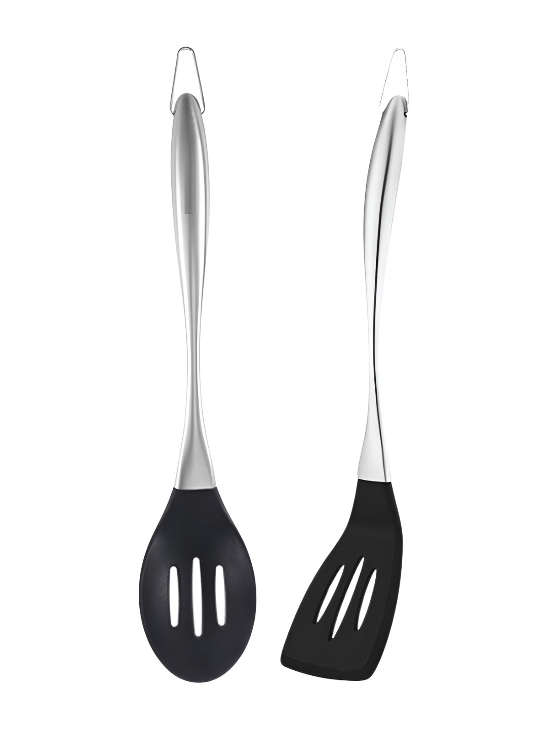 Baskety Black & Silver-Toned 2 Pieces Steel Slotted Spatula With Cooking Spoon