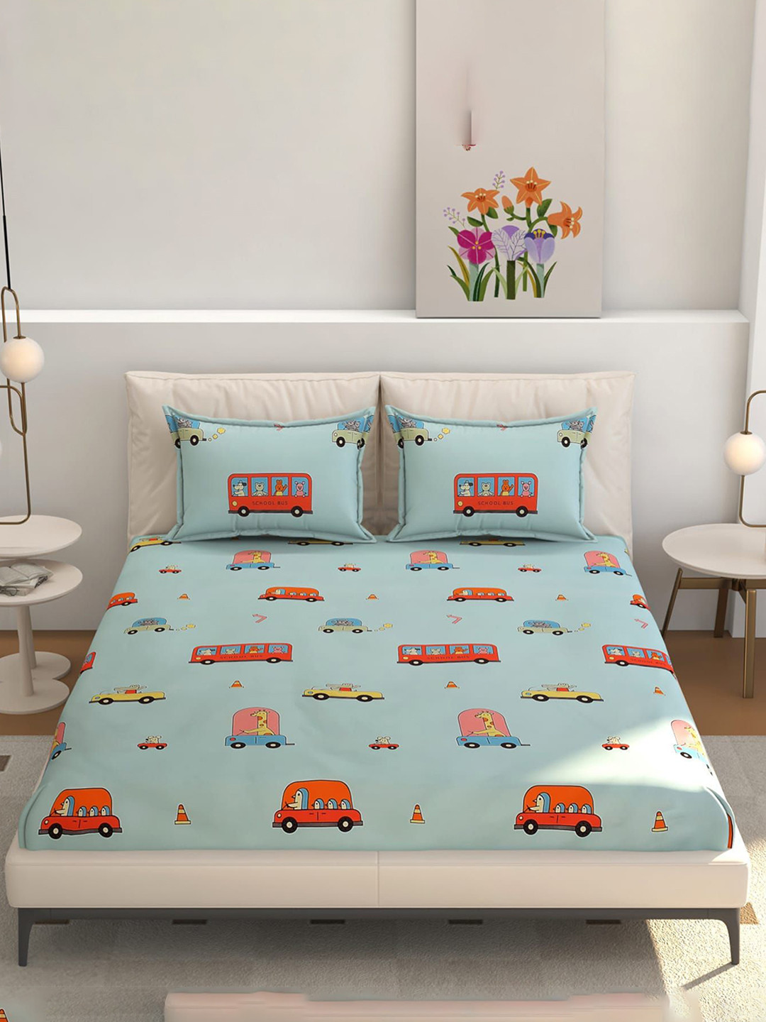 CLIO'S HERITAGE STORE Premium Blue Conversational Cotton 210 TC Fitted Queen Fine Bedsheet with 2 Pillow Covers-70 x 72 inches