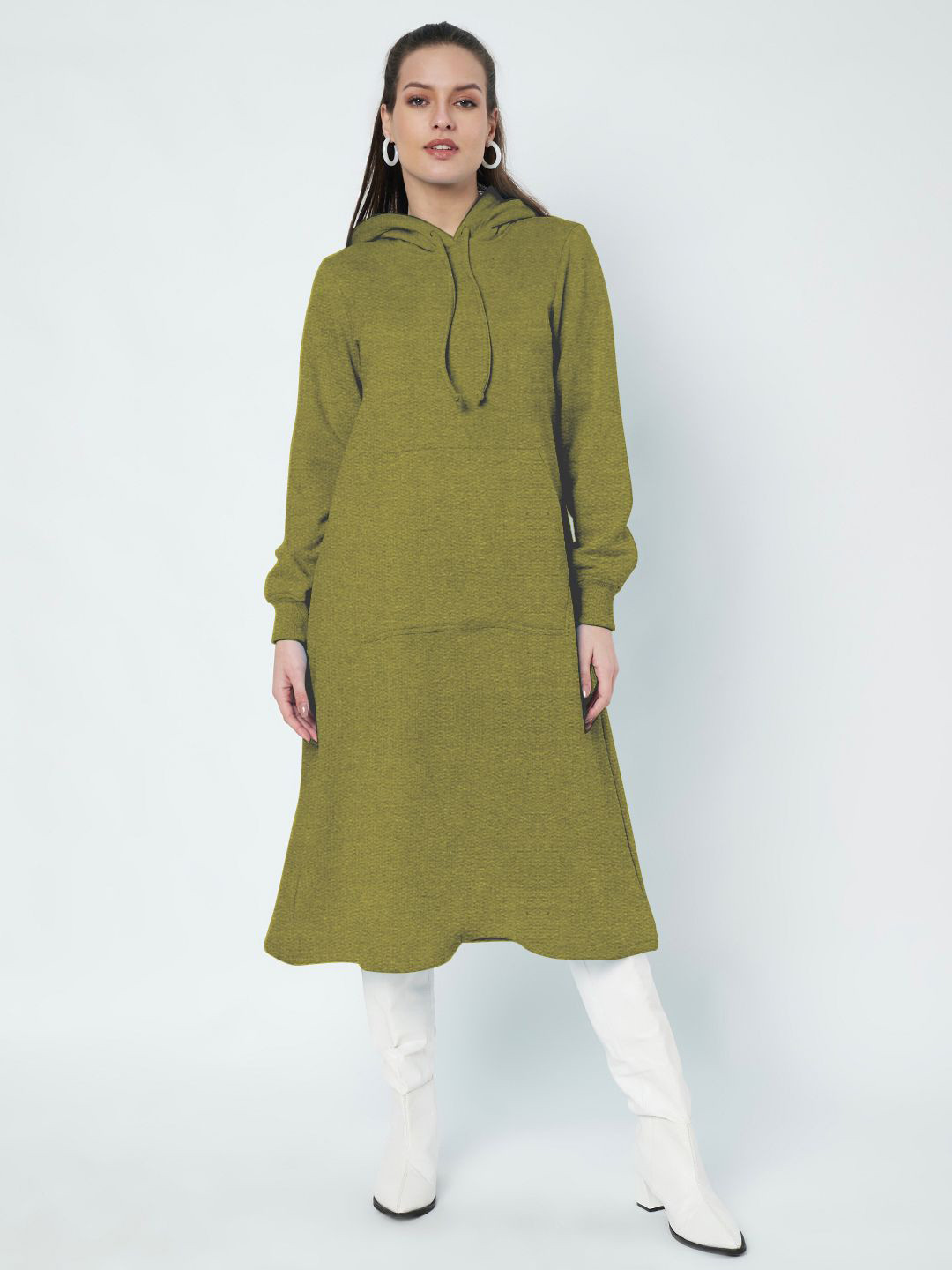 BRINNS Women Hood Cuffed Sleeves A-Line Midi Dress