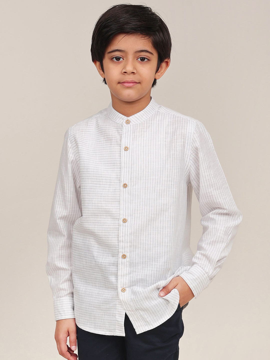 Campana Boys Band Collar Pinstripes Striped Cotton Casual Shirt