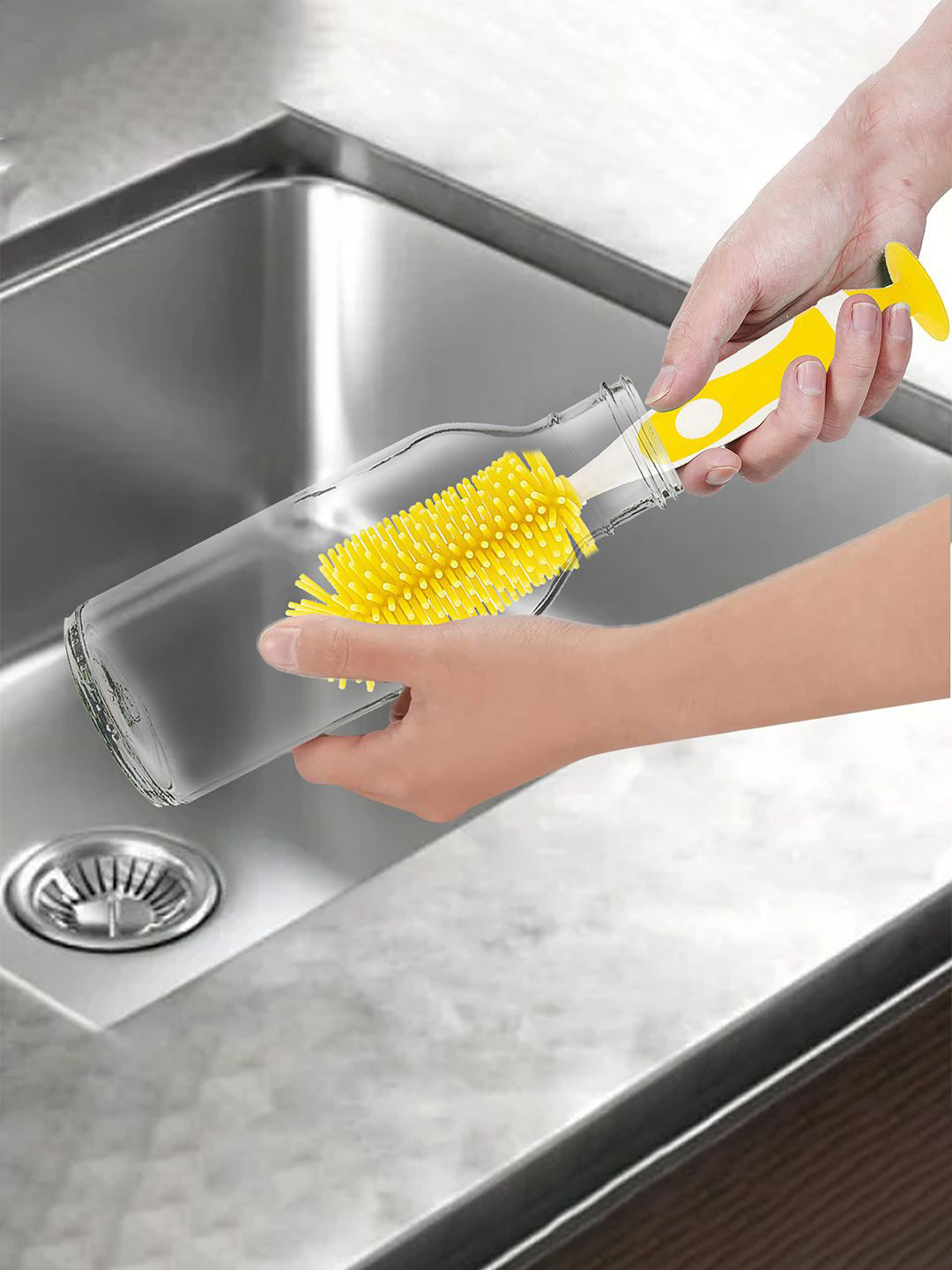Kuber Industries Yellow & White Silicone Detachable Bottle Cleaning Brush
