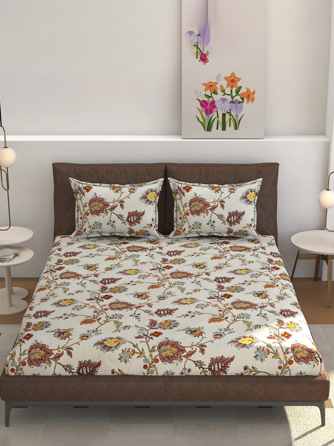 CLIO'S HERITAGE STORE White Floral Cotton 210 TC Fitted Queen Fine Bedsheet with 2 Pillow Covers-71 x 45 inches