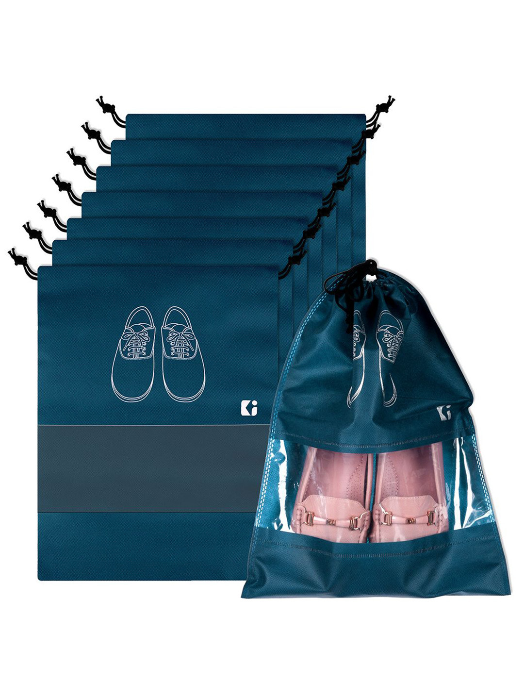 Kuber Industries Navy Blue and White 8 Pieces Printed Shoe Cover Bags