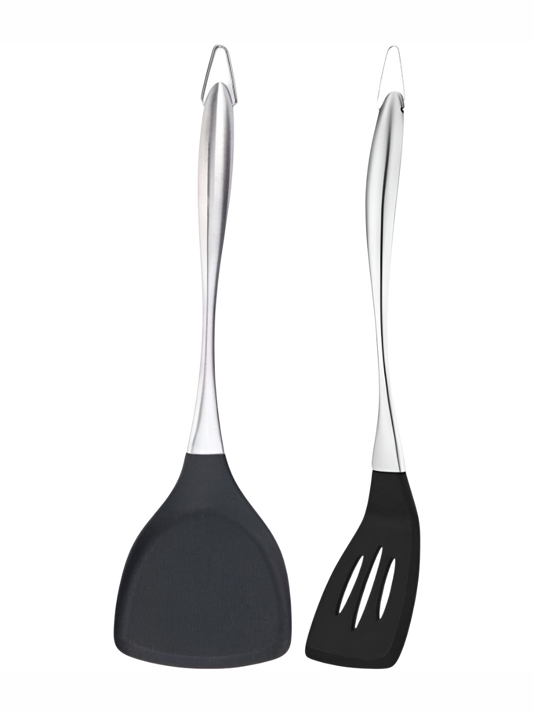 Baskety Set Of 2 Black Silicone Spatula With Slotted Spatula Stainless Steel Handel