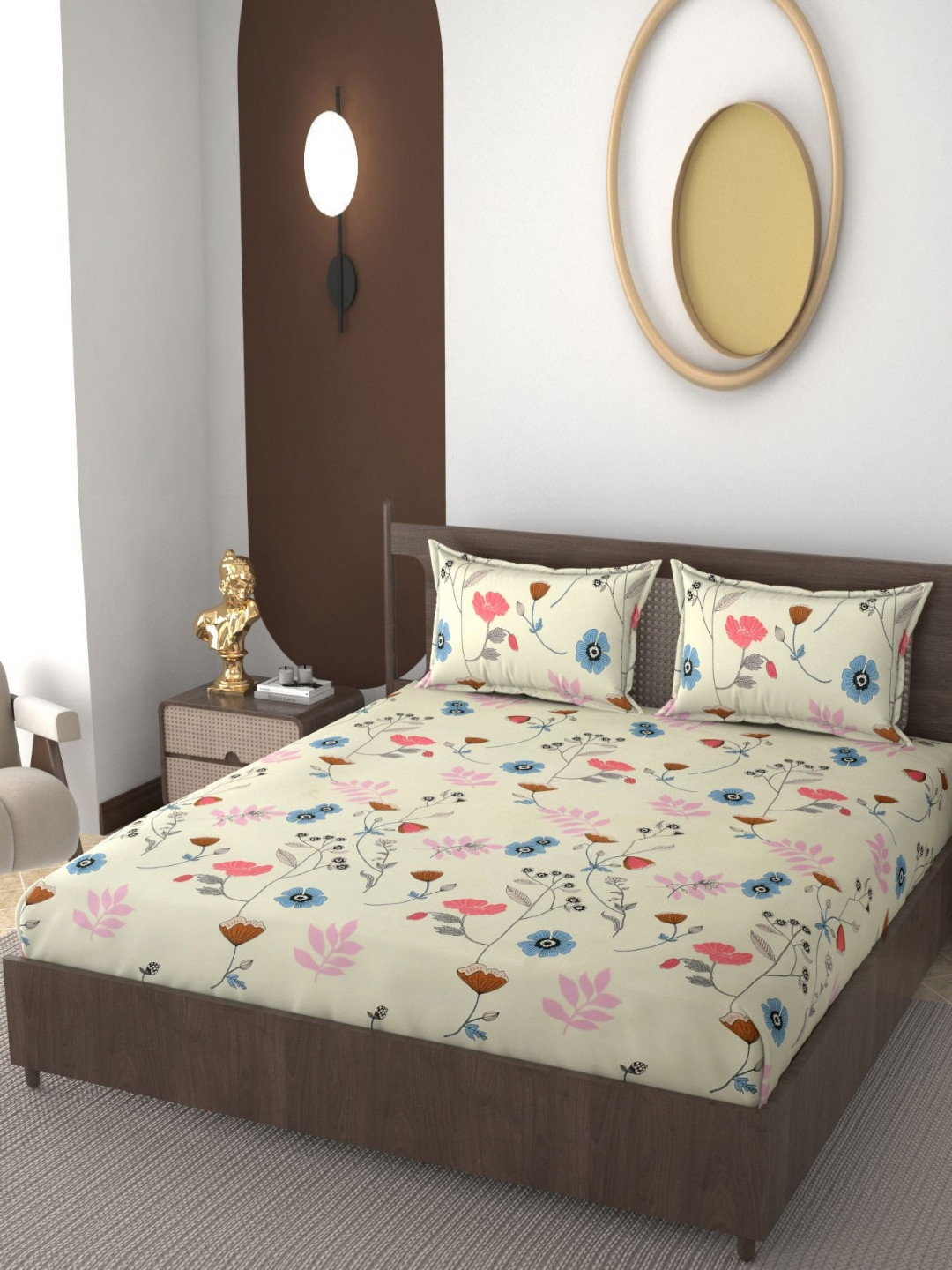VOMZER Beige Floral Cotton 210 TC Fitted Queen Fine Bedsheet with 2 Pillow Covers-78 x 60 inches