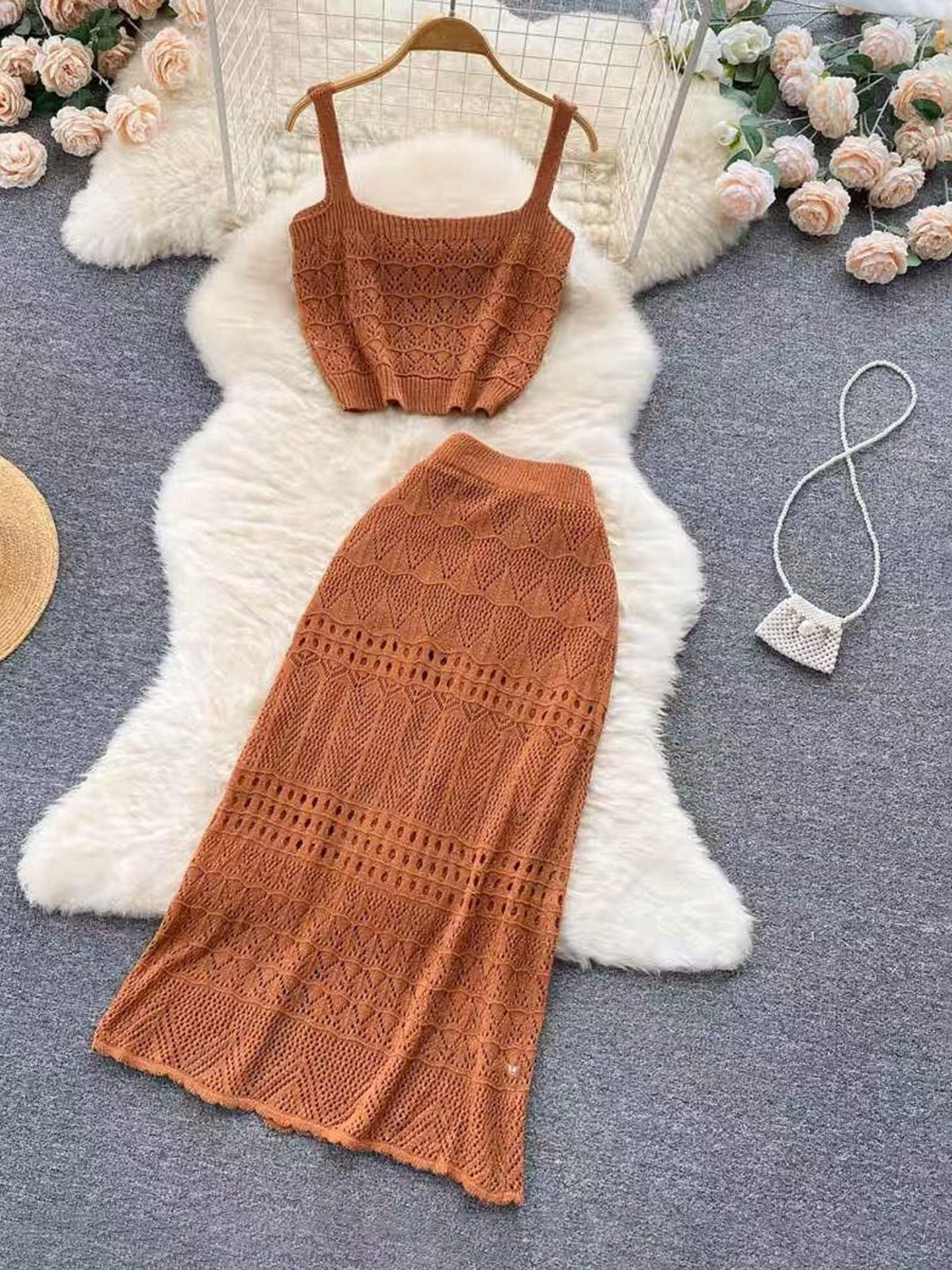 Miss Mosa By Akanksha  Brown Esme Crochet Co-Ord Set