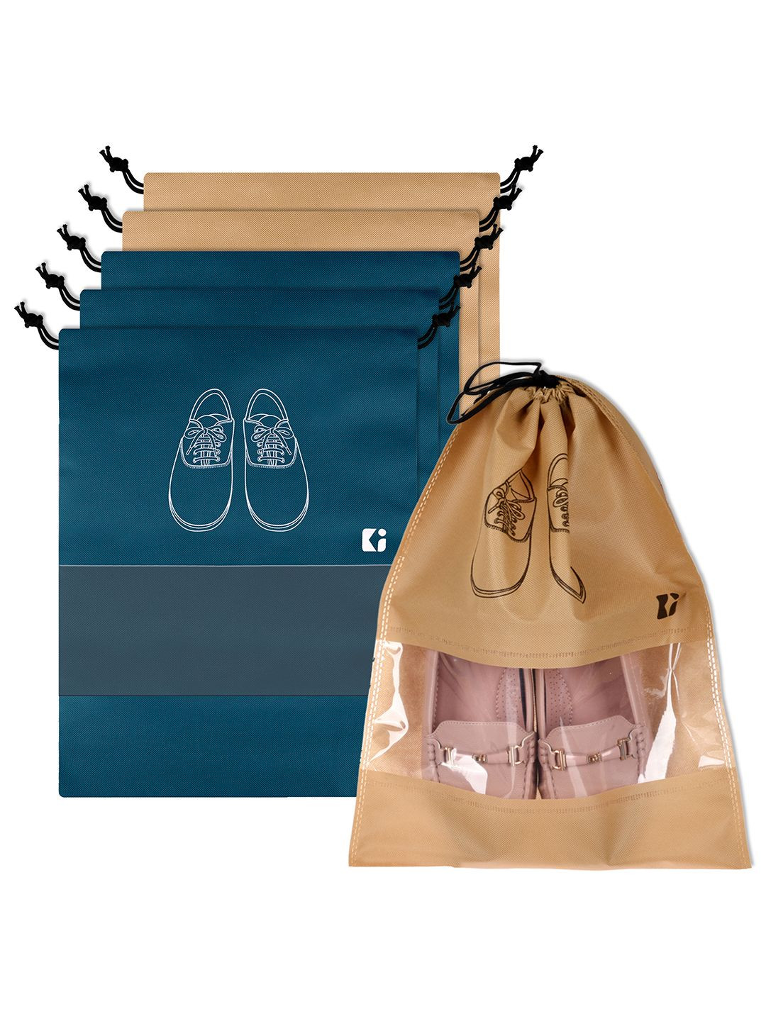 Kuber Industries Navy Blue & Beige Pack Of 6 Printed Non-Woven Fabric Shoe Cover Bags