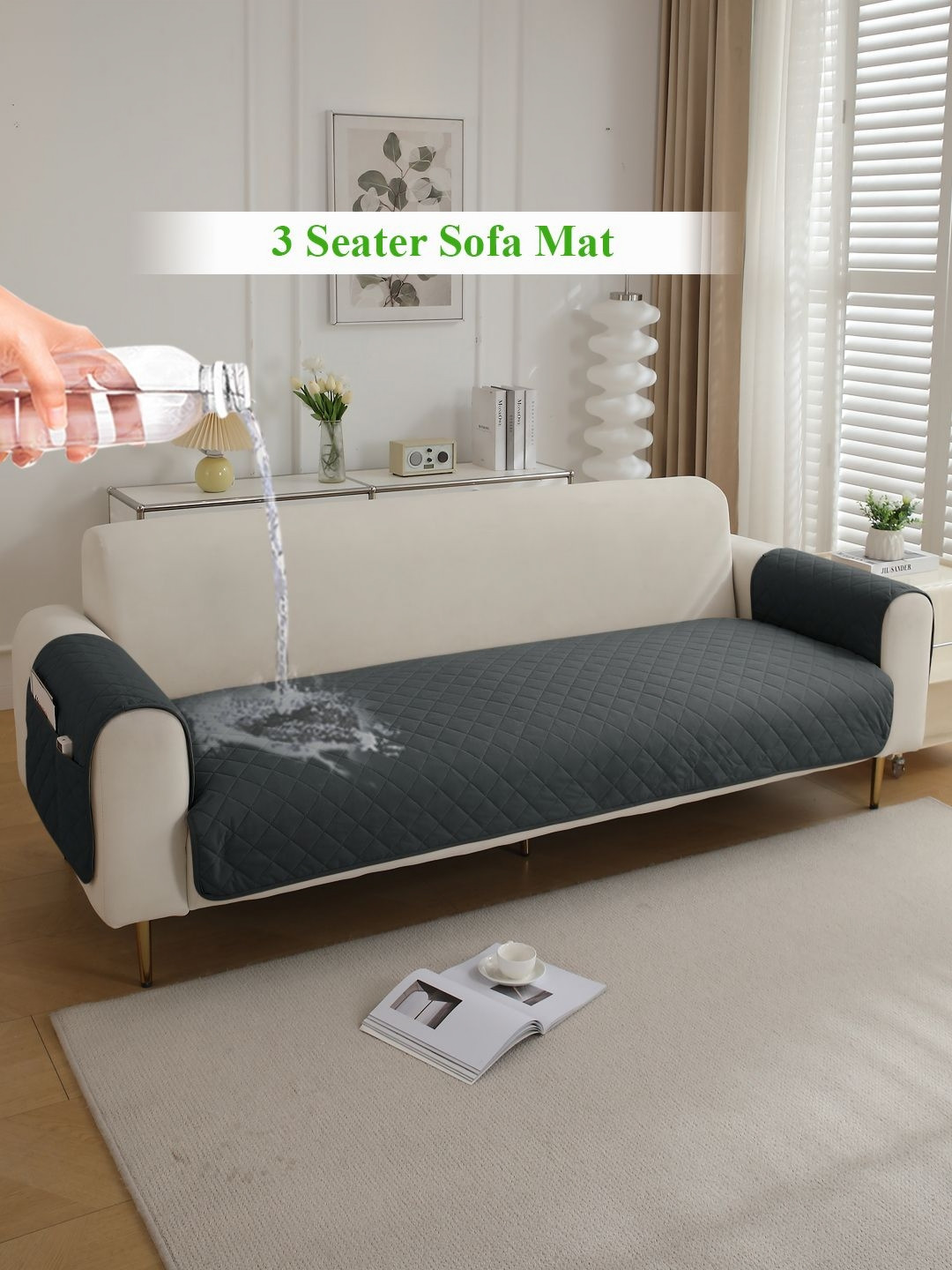 HOKIPO Grey 3 Seater Waterproof Sofa Seat Mat & 2 Armrest Covers with Pockets