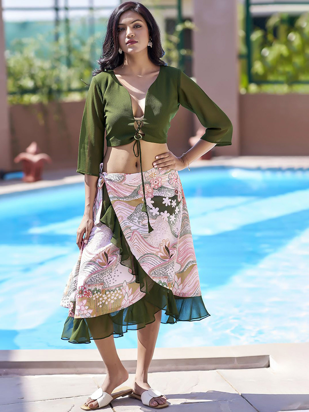 Curvy Lane Plunging Neck  Top & Sarong Swimwear Cover Up Set