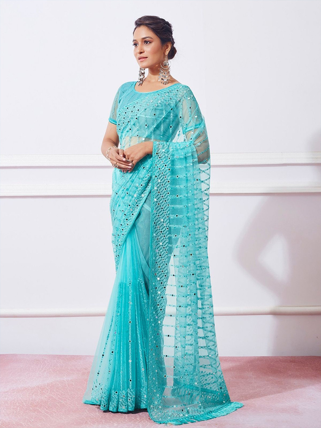 ODETTE Sky Blue Net Embroidered And Mirror Work Saree With Unstitched Blouse For Women