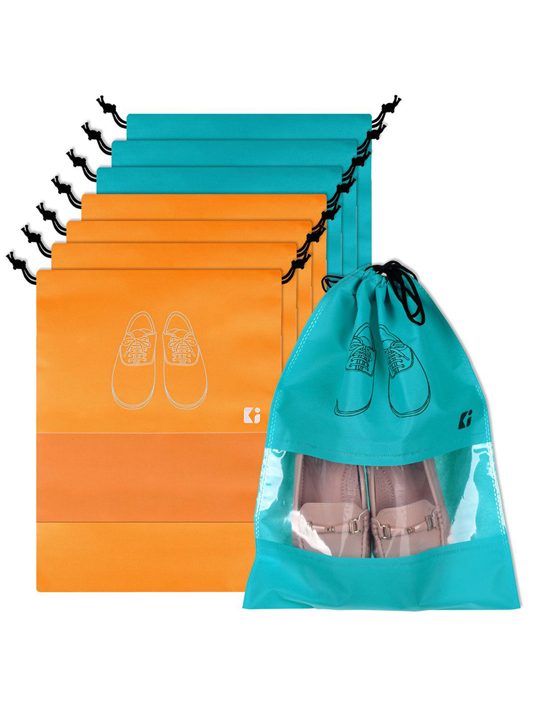 Kuber Industries Orange and Green 8 Pieces Printed Travel Shoe Storage Bag Organisers