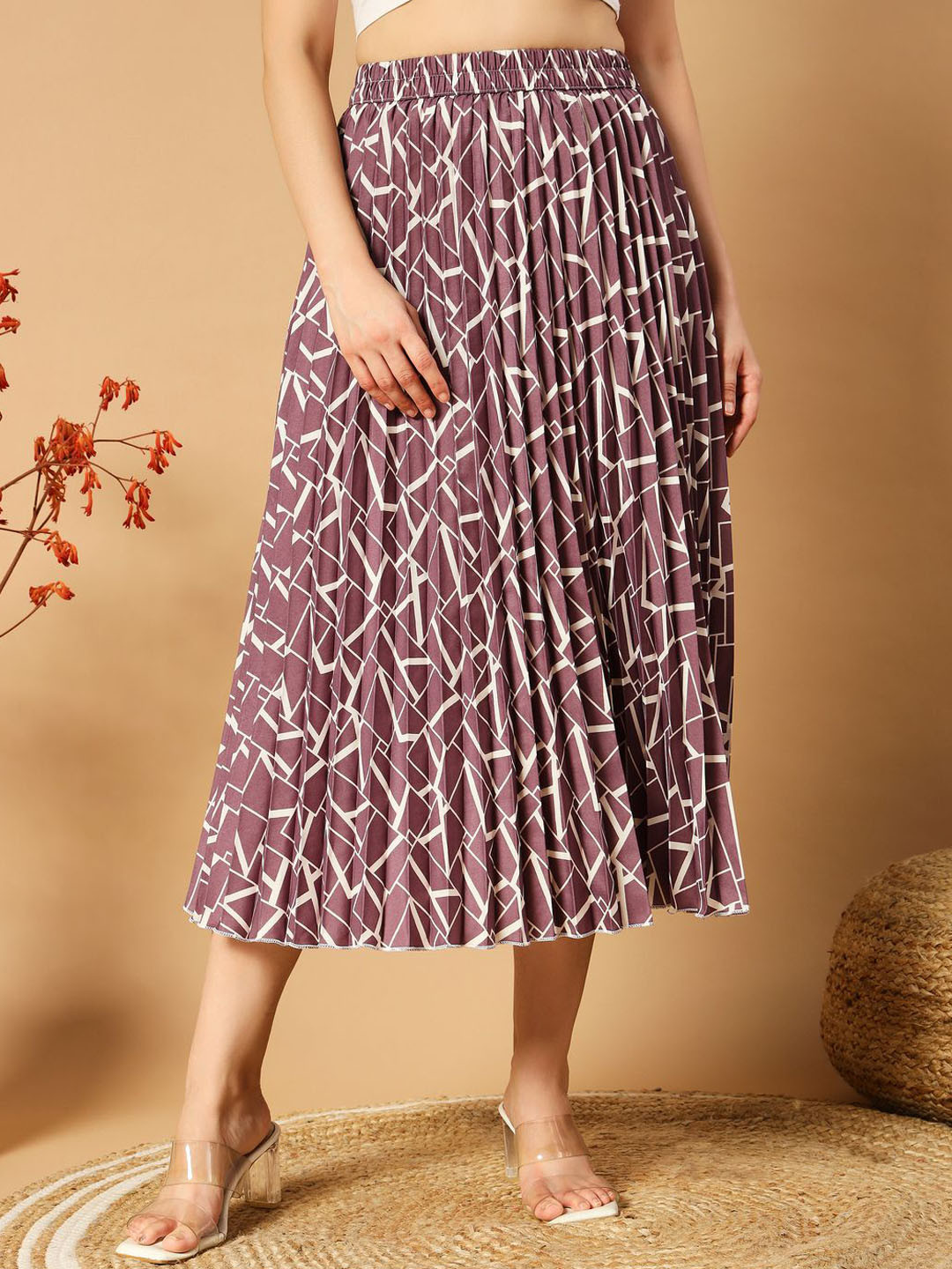 ZWERLON Women Printed Flared Midi Pleated Skirt