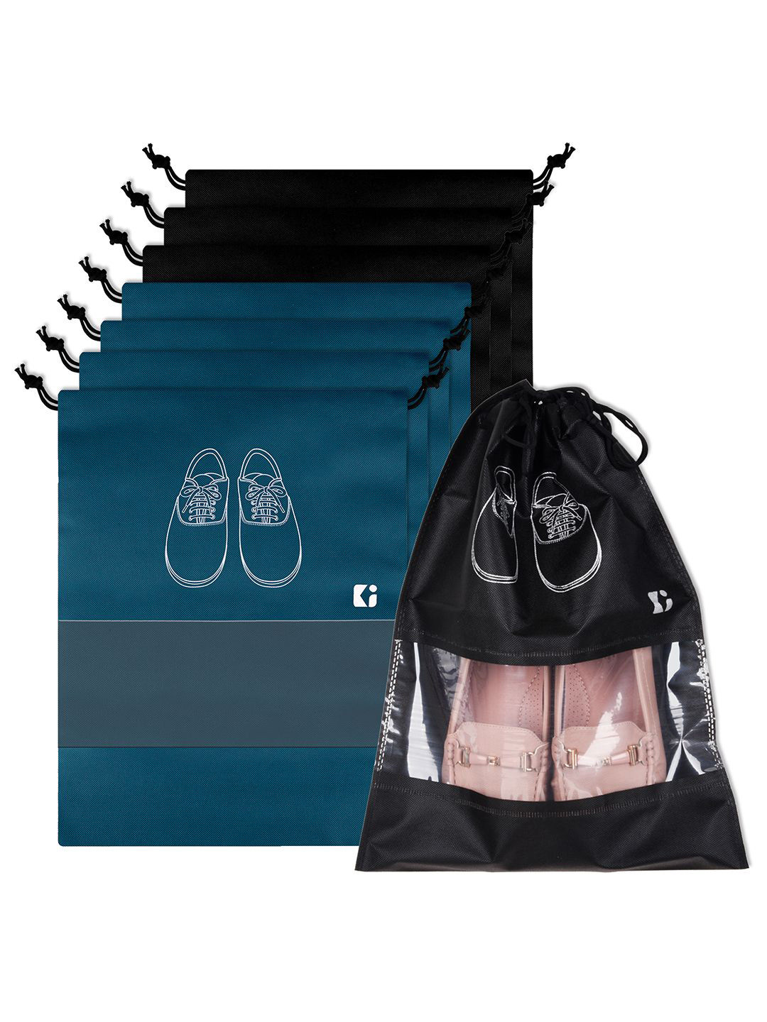 Kuber Industries Blue and Black 8 Pieces Printed Travel Shoe Storage Cover Bag