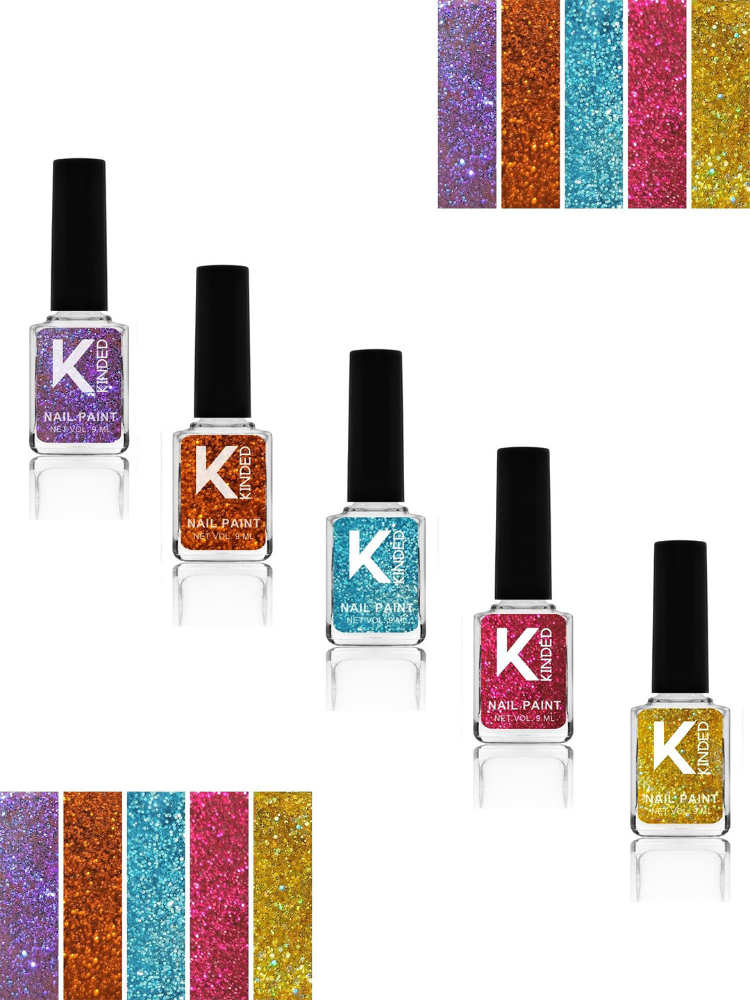 KINDED Set Of 5 Sparkle Glitter Nail Polish - 9 ml Each - Sparkle Shades 41 to 45
