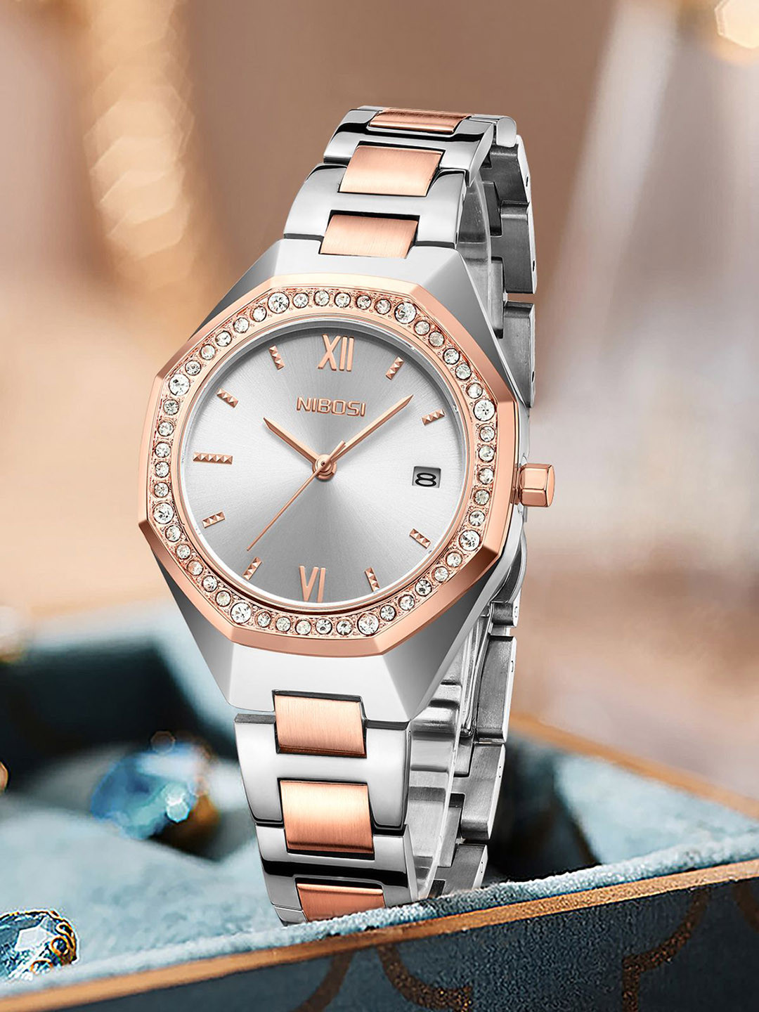 Nibosi Women Embellished Bracelet Style Straps Analogue Watch NB-2621-Slvr-Gld-Slvr