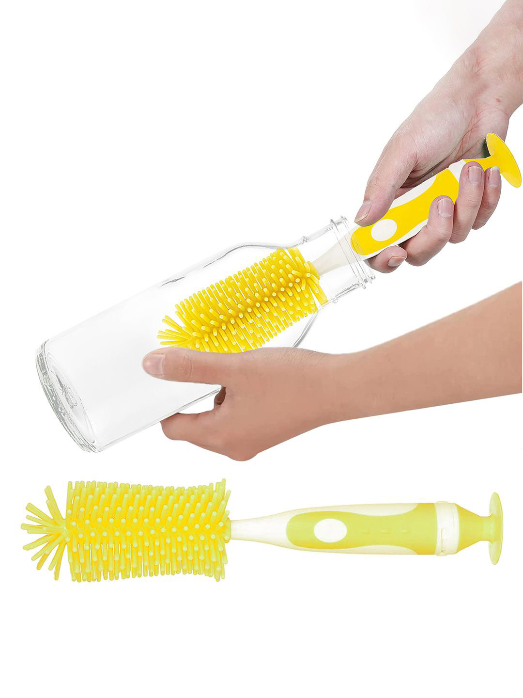 Kuber Industries Yellow & White 2 Pieces Silicone Detachable Bottle Cleaning Brushes