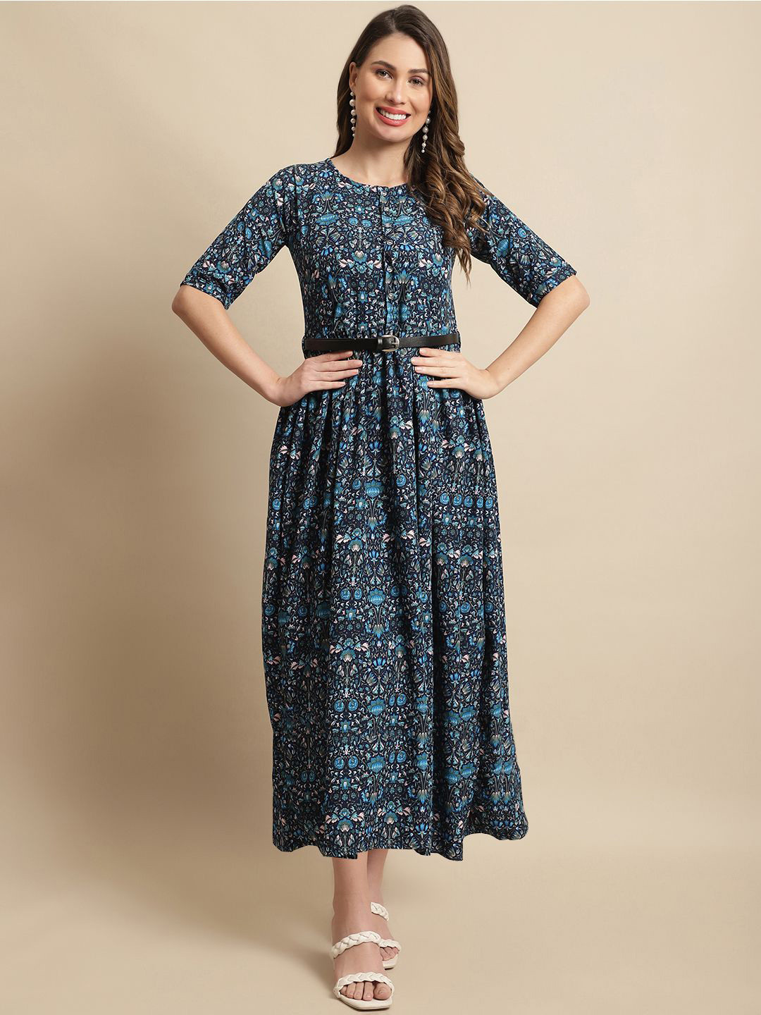Tromko Ethnic Motifs Print Belted Fit & Flare Midi Dress