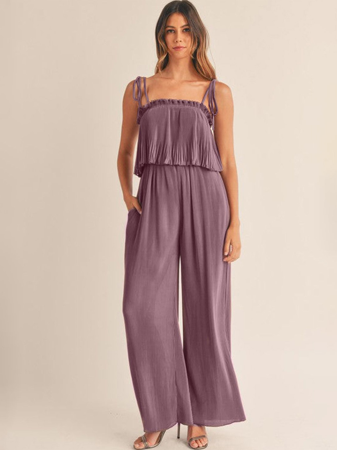 Errabelly Women Rose Tan Solid Self Tied Straps Pleated Wide Leg Jumpsuit