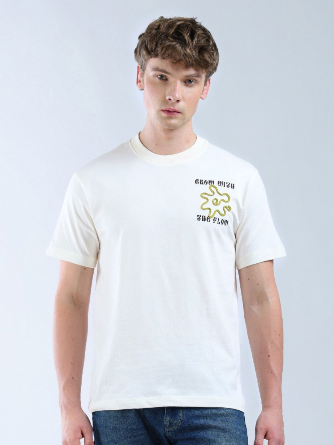 Flying Machine Men Typography Printed Round Neck Cotton Relaxed Fit T-shirt