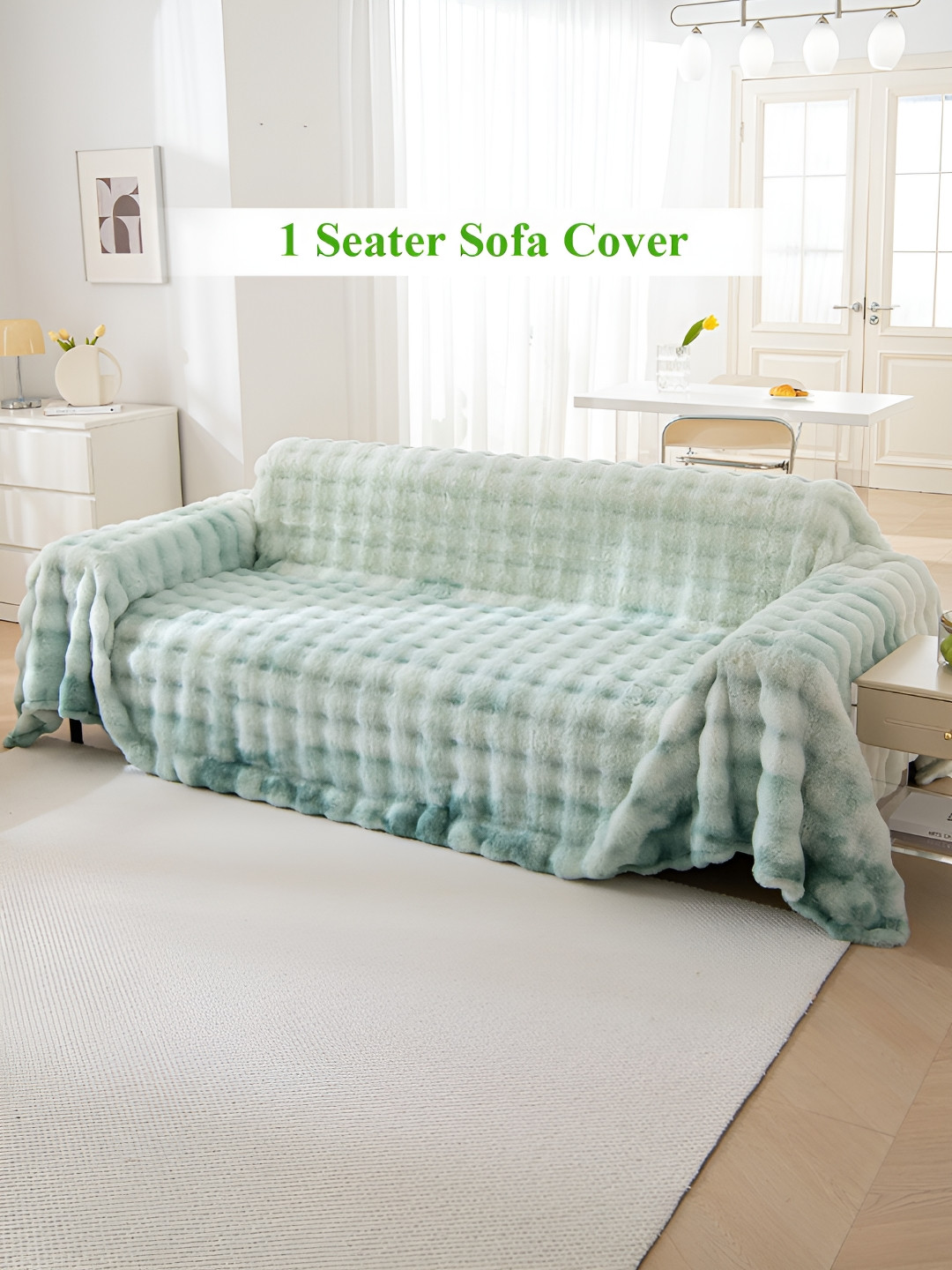 HOKIPO Green & White Wool 1 Seater Textured Sofa Throw