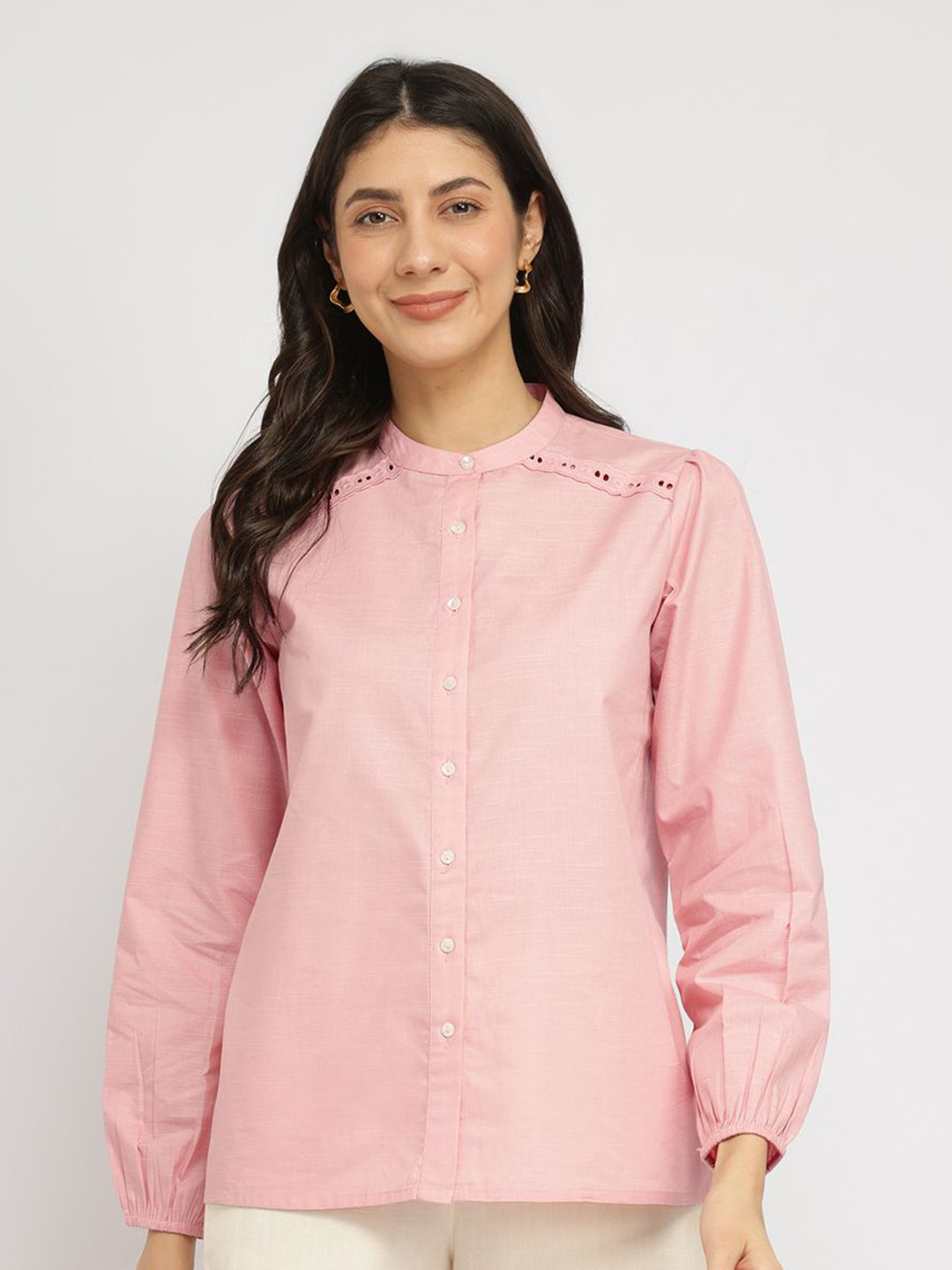 FableStreet Cotton Blend Mandarin Collar Top - Pink
