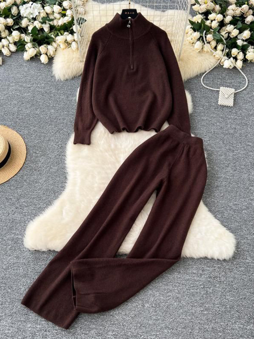 Miss Mosa By Akanksha  Brown Luxe Winter Woolen Co-Ord Set - Tracksuit